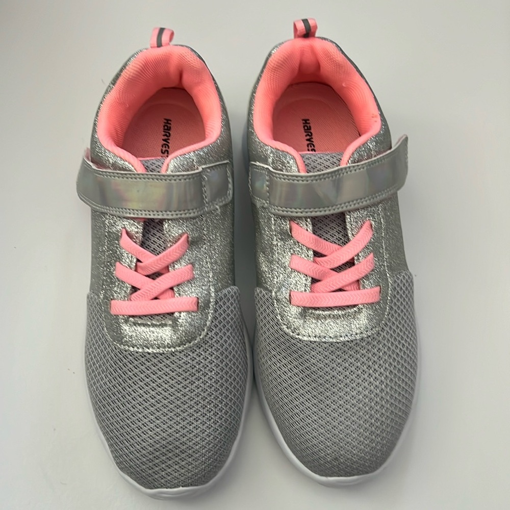 Youth Size 4 Harvest Land Silver and Pink Tennis Shoes